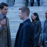 GOTHAM: Detectives James Gordon (Ben McKenzie, second from L), Renee Montoya (Victoria Cartagena, second from R) and Crispus Allen (Andrew Stewart Jones, R) meet Harvey Dent (guest star Nicholas D'Agosto) in the "Harvey Dent" episode of GOTHAM airing Monday, Nov. 17 (8:00-9:00 PM ET/PT) on FOX. ©2014 Fox Broadcasting Co. Cr: Jessica Miglio/FOX