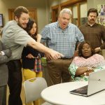 PARKS AND RECREATION -- "New Slogan" Episode 616 -- Pictured: (l-r) Aziz Ansari as Tom Haverford, Chris Pratt as Andy Dwyer, Aubrey Plaza as April Ludgate, Jim O'Heir as Jerry Gergich, Retta as Donna Meagle, Nick Offerman as Ron Swanson -- (Photo by: Jordin Althaus/NBC)