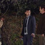 PARKS AND RECREATION -- "Flu Season 2" Episode 619 -- Pictured: (l-r) Sam Elliot as Ron Dunn, Adam Scott as Ben Wyatt, Nick Offerman as Ron Swanson -- (Photo by: Ben Cohen/NBC)