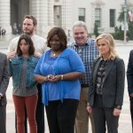 PARKS AND RECREATION -- "Moving Up" Episode 621/622 -- Pictured: (l-r) Aziz Ansari as Tom Haverford, Aubrey Plaza as April Ludgate, Chris Pratt as Andy Dwyer, Retta as Donna Meagle, Jim O'Heir as Jerry Gergich, Amy Poehler as Leslie Knope, Adam Scott as Ben Wyatt -- (Photo by: Colleen Hayes/NBC)
