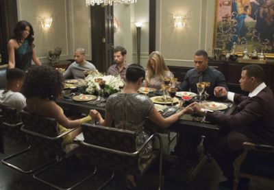 EMPIRE: Cookie (Taraji P. Henson, L) says grace in the "The Devil Quotes Scripture" episode airing Wednesday, Jan. 21 (9:00-10:00 PM ET/PT) on FOX. Pictured L-R: Bryshere Gray, Jussie Smollett, Serayah McNeill, Rafael de la Fuente, Grace Gealey, Katilin Doubleday, Trai Byers and Terrence Howard. . ©2014 Fox Broadcasting Co. CR: Chuck Hodes/FOX