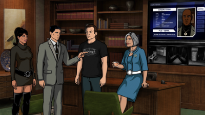 ARCHER: Episode 2, Season 6 "Three to Tango" (Airing Thursday, January 15, 10:00 PM e/p) An agent from the past has a hand creating tension between Archer and Lana. Pictured: (L-R) Lana Kane (voice of Aisha Tyler), Sterling Archer (voice of H. Jon Benjamin), Slater (voice of Christian Slater), Malory Archer (voice of Jessica Walter). CR: FX