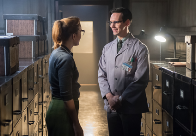 GOTHAM: Edward Nygma (Cory Michael Smith, R) flirts with co-worker Kristin Kringle (guest star Chelsea Spack, L) in the "What The Little Bird Told Him" episode of GOTHAM airing Monday, Jan. 19 (8:00-9:00 PM ET/PT) on FOX. ©2014 Fox Broadcasting Co. Cr: Jeff Neumann/FOX