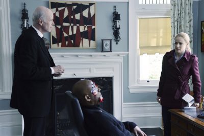 12 MONKEYS -- "Mentally Divergent" Episode 102 -- Pictured: (l-r) Tom Noonan as Pallid Man, Amanda Schull as Railly -- (Photo by: Ben Mark Holzberg/Syfy)