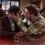 PARKS AND RECREATION -- "Ron and Jammy" Episode 702 -- Pictured: (l-r) Aziz Ansari as Tom Haverford, Chris Pratt as Andy Dwyer -- (Photo by: Ben Cohen/NBC)