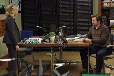 PARKS AND RECREATION -- "Funkin' Gonuts" Episode 704 -- Pictured: (l-r) Amy Poehler as Leslie Knope, Nick Offerman as Ron Swanson -- (Photo by: Ben Cohen/NBC)