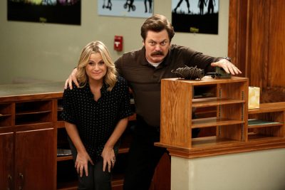 PARKS AND RECREATION -- "Funkin' Gonuts" Episode 704 -- Pictured: (l-r) Amy Poehler as Leslie Knope, Nick Offerman as Ron Swanson -- (Photo by: Tyler Golden/NBC)