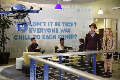 PARKS AND RECREATION -- "GryzzlBox" Episode 706 -- Pictured: (l-r) Adam Scott as Ben Wyatt, Amy Poehler as Leslie Knope -- (Photo by: Greg Gayne/NBC)