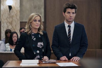 PARKS AND RECREATION -- "GryzzlBox" Episode 706 -- Pictured: (l-r) Amy Poehler as Leslie Knope, Adam Scott as Ben Wyatt -- (Photo by: Ben Cohen/NBC)