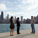 PARKS AND RECREATION -- "Ron and Jammy" Episode 702 -- Pictured: (l-r) Natalie Morales as Lucy, Aziz Ansari as Tom Haverford, Chris Pratt as Andy Dwyer -- (Photo by: Elizabeth Morris/NBC)
