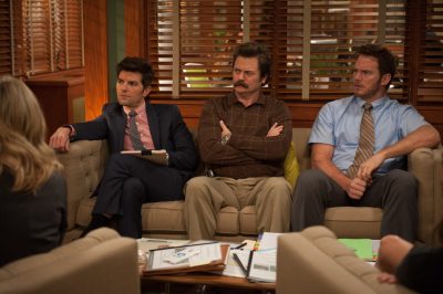 PARKS AND RECREATION -- "Save JJ's" Episode 707 -- Pictured: (l-r) Adam Scott as Ben Wyatt, Nick Offerman as Ron Swanson, Chris Pratt as Andy Dwyer -- (Photo by: Colleen Hayes/NBC)