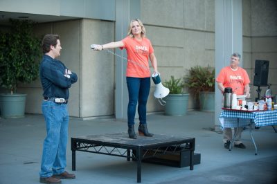 PARKS AND RECREATION -- "Save JJ's" Episode 707 -- Pictured: (l-r) Nick Offerman as Ron Swanson, Amy Poehler as Leslie Knope, Brent Briscoe as JJ -- (Photo by: Colleen Hayes/NBC)