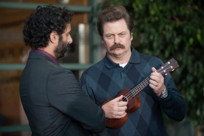 PARKS AND RECREATION -- "Save JJ's" Episode 707 -- Pictured: (l-r) Jason Mantzoukas as Dennis Feinstein, Nick Offerman as Ron Swanson -- (Photo by: Colleen Hayes/NBC)