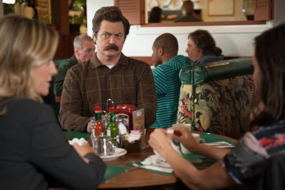 PARKS AND RECREATION -- "Save JJ's" Episode 707 -- Pictured: (l-r) Amy Poehler as Leslie Knope, Nick Offerman as Ron Swanson -- (Photo by: Colleen Hayes/NBC)