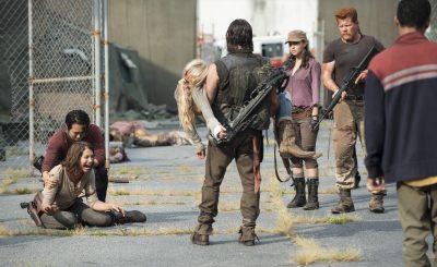 Lauren Cohan as Maggie Greene, Steven Yeun as Glenn Rhee, Norman Reedus as Daryl Dixon, Emily Kinney as Beth Greene, Christian Serratos as Rosita Espinosa, Michael Cudlitz as Abraham, and Tyler James Williams as Noah - The Walking Dead _ Season 5, Episode 8 - Photo Credit: Gene Page/AMC