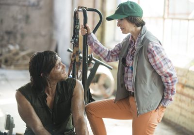 Norman Reedus and Gale Ann Hurd - The Walking Dead _ Season 5, Episode 8 _ BTS - Photo Credit: Gene Page/AMC