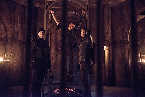 Arrow -- "Nanda Parbat" -- Image AR315B_0308b -- Pictured (L-R): Stephen Amell as Oliver Queen, John Barrowman as Malcolm Merlyn, and David Ramsey as John Diggle -- Photo: Cate Cameron/The CW -- �© 2015 The CW Network, LLC. All Rights Reserved.