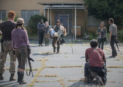 Michael Cudlitz as Abraham, Christian Serratos as Rosita Espinosa, Tyler James Williams as Noah, Melissa McBride as Carol Peletier, Emily Kinney as Beth Greene, Norman Reedus as Daryl Dixon, Sonequa Martin-Green as Sasha, Andrew Lincoln as Rick Grimes and Steven Yeun as Glenn Rhee - The Walking Dead _ Season 5, Episode 8 - Photo Credit: Gene Page/AMC