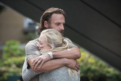 Andrew Lincoln and Emily Kinney - The Walking Dead _ Season 5, Episode 8 _ BTS - Photo Credit: Gene Page/AMC