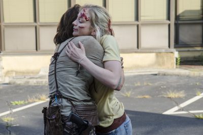 Lauren Cohan and Emily Kinney - The Walking Dead _ Season 5, Episode 8 _ BTS - Photo Credit: Gene Page/AMC