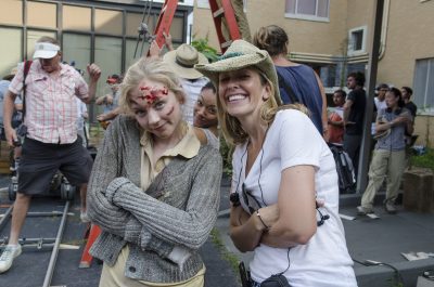 Emily Kinney, Sonequa Martin-Green and Denise Huth - The Walking Dead _ Season 5, Episode 8 _ BTS - Photo Credit: Gene Page/AMC