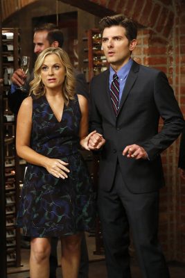 PARKS AND RECREATION -- "Donna and Joe" Episode 703 -- Pictured: (l-r) Amy Poehler as Leslie Knope, Adam Scott as Ben Wyatt -- (Photo by: Greg Gayne/NBC)
