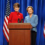 SNL 40TH ANNIVERSARY SPECIAL -- Season, 34, Episode 1532 -- Pictured: (l-r) Tina Fey as Governor Sarah Palin, Amy Poehler as Senator Hillary Clinton during the 'A Nonpartisan Message From Sarah Palin & Hillary Clinton' skit on September 13, 2008 -- (Photo by: Dana Edelson/NBC)