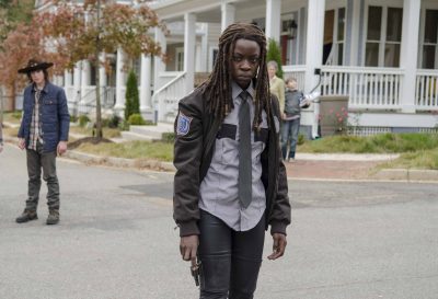 Chandler Riggs as Carl Grimes and Danai Gurira as Michonne - The Walking Dead _ Season 5, Episode 15 - Photo Credit: Gene Page/AMC