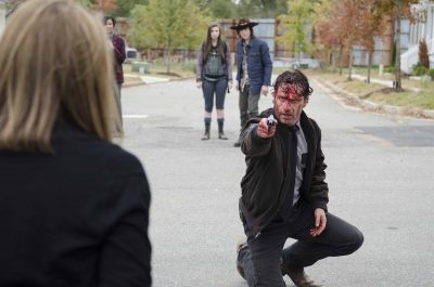 Katelyn Nacon as Enid, Chandler Riggs as Carl Grimes and Andrew Lincoln as Rick Grimes - The Walking Dead _ Season 5, Episode 15 - Photo Credit: Gene Page/AMC