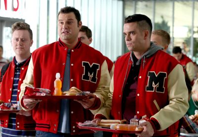 GLEE: L-R: Dave (Max Adler, C) and Puck (Mark Salling, R) make fun of Kurt and Rachel in a flashback to 2009 in the special two-hour "2009/Dreams Come True" Series Finale episode of GLEE airing Friday, March 20 (8:00-10:00 PM ET/PT) on FOX. ©2015 Fox Broadcasting Co. CR: Mike Yarish/FOX