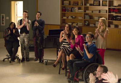 GLEE: L-R: Mercedes (Amber Riley), Kurt (Chris Colfer), Blaine (Daren Criss), Rachel (Lea Michele), Tina (Jenna Ushkowitz), Artie (Kevin McHale) and Kitty (Becca Tobin) watch Will and Sam perform in the special two-hour "2009/Dreams Come True" Series Finale episode of GLEE airing Friday, March 20 (8:00-10:00 PM ET/PT) on FOX. ©2015 Fox Broadcasting Co. CR: Adam Rose/FOX