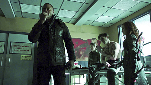 Arrow -- "Suicidal Tendencies" -- Image AR317_SG_0067 -- Pictured (L-R): David Ramsey as John Diggle, Audrey Marie Anderson as Lyla Michaels, Michael Rowe as Floyd Lawton / Deadshot, and Amy Gumenick as Carrie Cutter / Cupid -- Photo: The CW -- Ã?Â© 2015 The CW Network, LLC. All Rights Reserved.