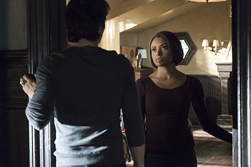 The Vampire Diaries -- "A Bird in a Gilded Cage" -- Image Number: VD617a_0016.jpg -- Pictured (L-R): Ian Somerhalder as Damon (back to camera) and Kat Graham as Bonnie -- Photo: Tina Rowden/The CW -- Ã?Â© 2015 The CW Network, LLC. All rights reserved