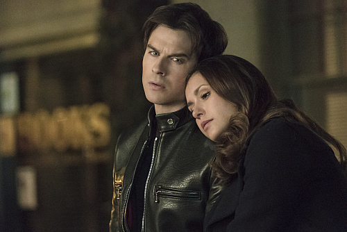 The Vampire Diaries -- "I Never Could Love Like That" -- Image Number: VD618a_0028.jpg -- Pictured (L-R): Ian Somerhalder as Damon and Nina Dobrev as Elena -- Photo: Tina Rowden/The CW -- Ã?Â© 2015 The CW Network, LLC. All rights reserved.