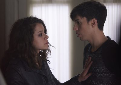Orphan Black, Season 3, Episode 2, Sarah (Tatiana Maslany) and Felix (Jordan Gavaris). Photo Credit: Steve Wilkie for BBC AMERICA