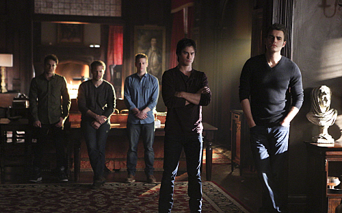 The Vampire Diaries -- "I'm Thinking of You All The While" -- Image Number: VD622b_0189.jpg -- Pictured (L-R): Michael Trevino as Tyler, Matt Davis as Alaric, Zach Roerig as Matt, Ian Somerhalder as Damon and Paul Wesley as Stefan -- Photo: Annette Brown/The CW -- Ã?Â© 2015 The CW Network, LLC. All rights reserved.