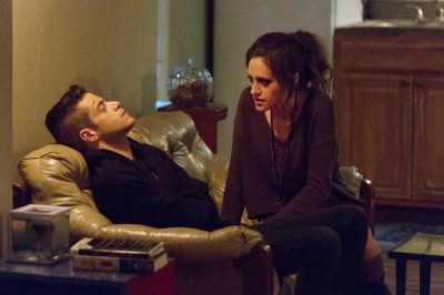 MR. ROBOT -- "m1rr0r1ng.qt" Episode 109 -- Pictured: (l-r) Rami Malek as Elliot Alderson, Carly Chaikin as Darlene -- (Photo by: Christopher Saunders/USA Network)